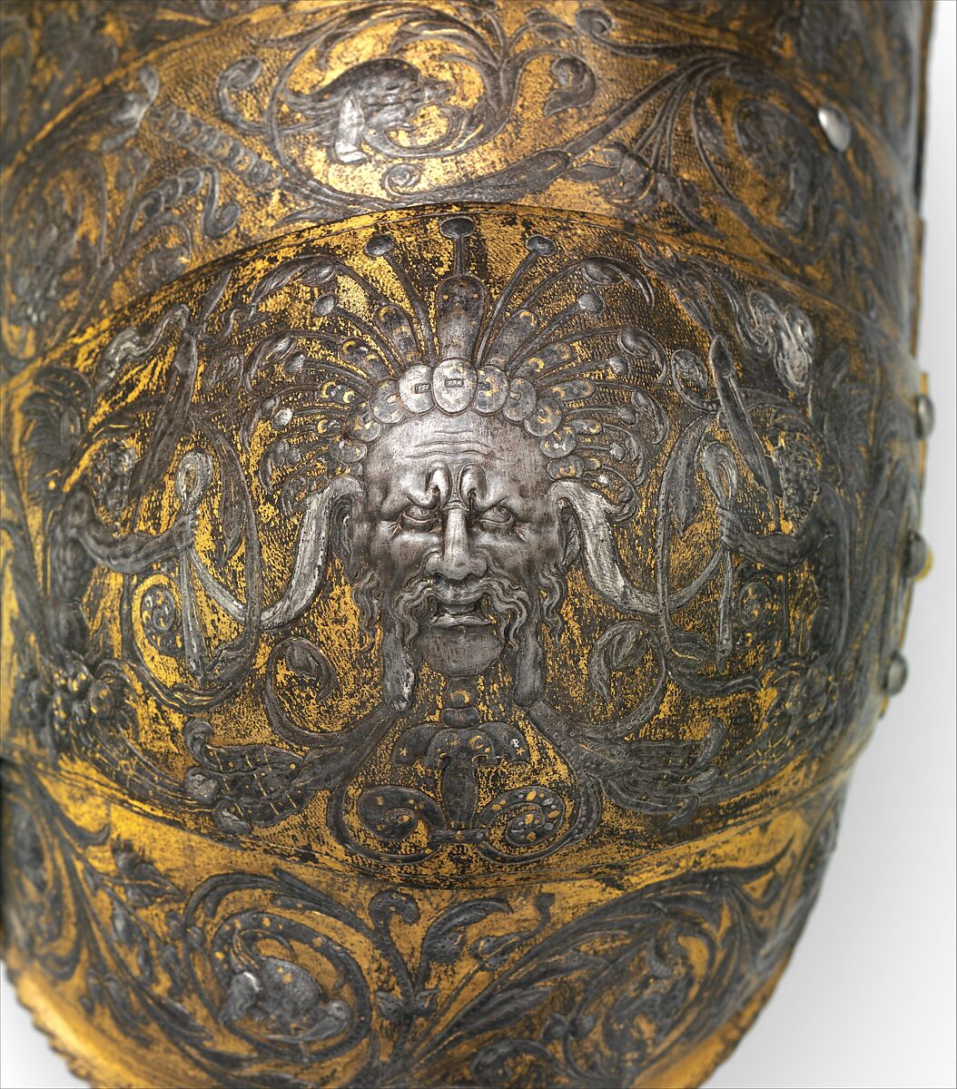 Armor of Henry II, King of France (reigned 1547–59), Part of the decoration design by Jean Cousin the Elder (French, Souci (?) ca. 1490–ca. 1560 Paris (?)), Steel, gold, silver, leather, textile, French, possibly Paris
