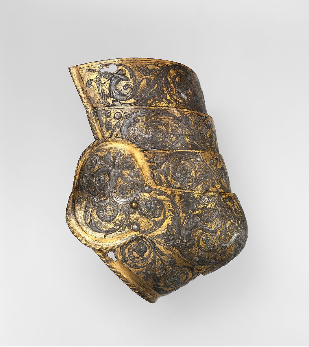 Armor of Henry II, King of France (reigned 1547–59), Part of the decoration design by Jean Cousin the Elder (French, Souci (?) ca. 1490–ca. 1560 Paris (?)), Steel, gold, silver, leather, textile, French, possibly Paris