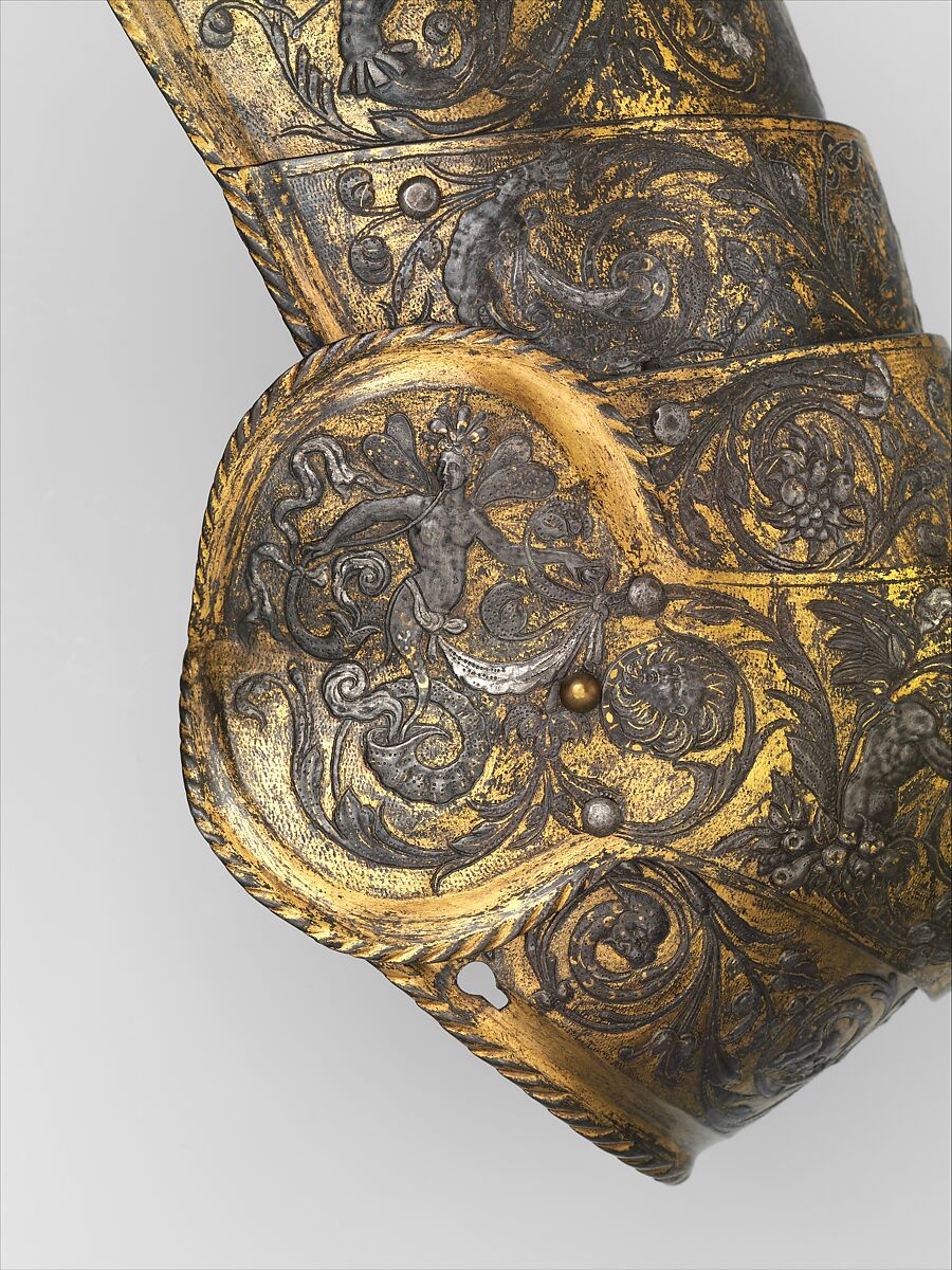 Armor of Henry II, King of France (reigned 1547–59), Part of the decoration design by Jean Cousin the Elder (French, Souci (?) ca. 1490–ca. 1560 Paris (?)), Steel, gold, silver, leather, textile, French, possibly Paris