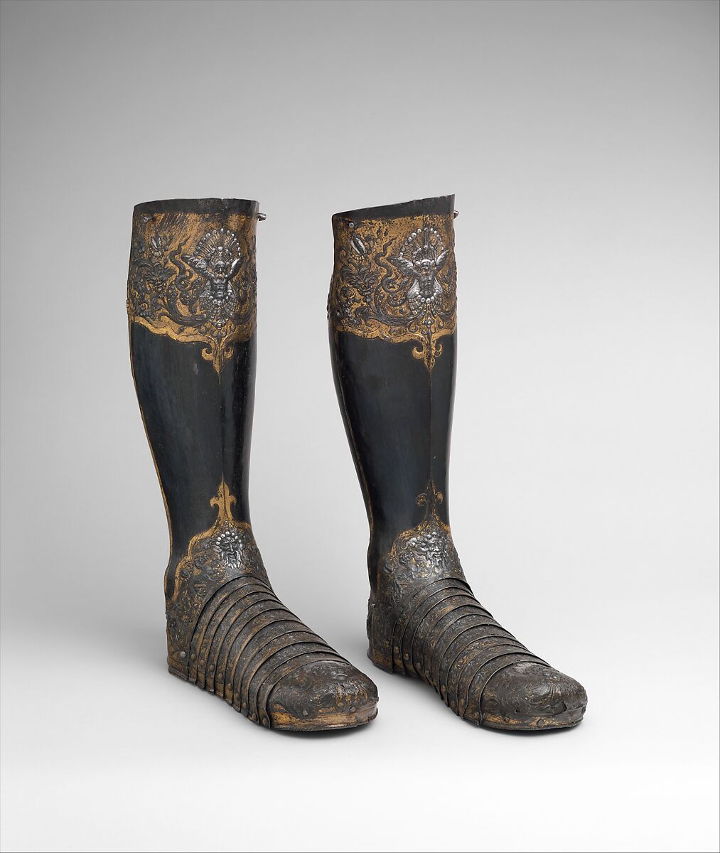 Armor of Henry II, King of France (reigned 1547–59), Part of the decoration design by Jean Cousin the Elder (French, Souci (?) ca. 1490–ca. 1560 Paris (?)), Steel, gold, silver, leather, textile, French, possibly Paris