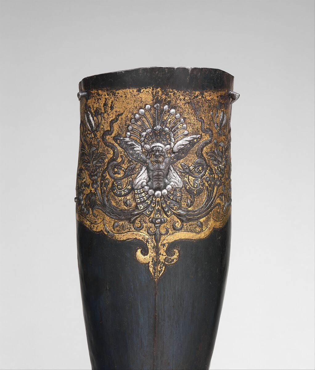 Armor of Henry II, King of France (reigned 1547–59), Part of the decoration design by Jean Cousin the Elder (French, Souci (?) ca. 1490–ca. 1560 Paris (?)), Steel, gold, silver, leather, textile, French, possibly Paris