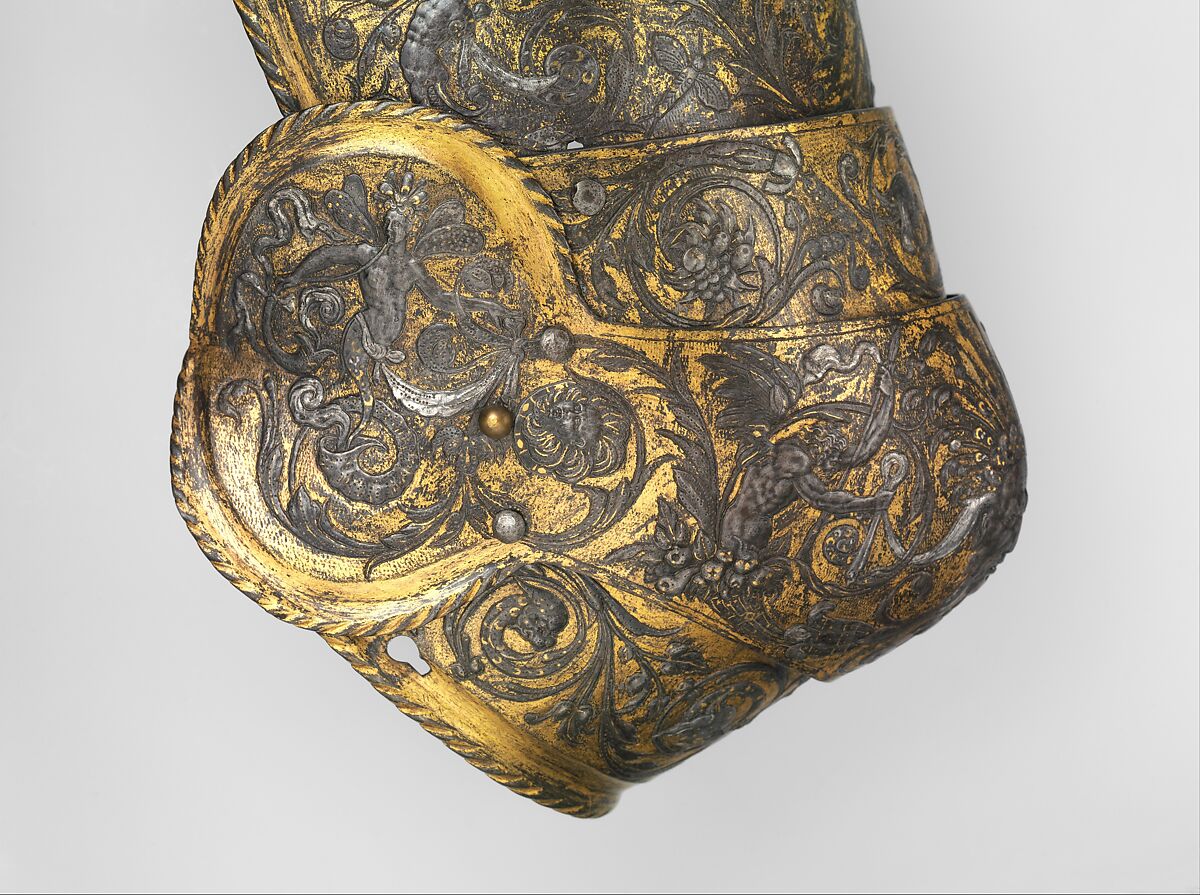 Armor of Henry II, King of France (reigned 1547–59), Part of the decoration design by Jean Cousin the Elder (French, Souci (?) ca. 1490–ca. 1560 Paris (?)), Steel, gold, silver, leather, textile, French, possibly Paris