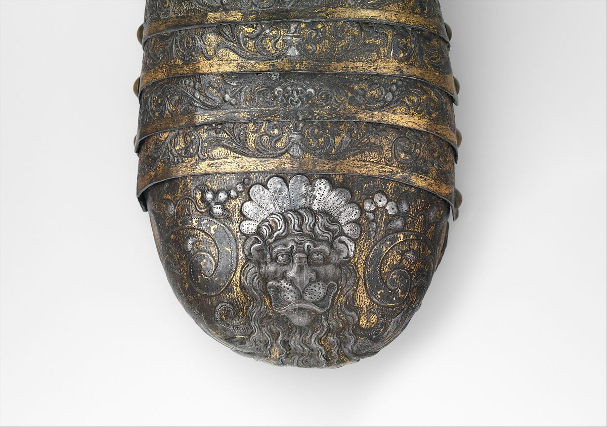 Armor of Henry II, King of France (reigned 1547–59), Part of the decoration design by Jean Cousin the Elder (French, Souci (?) ca. 1490–ca. 1560 Paris (?)), Steel, gold, silver, leather, textile, French, possibly Paris