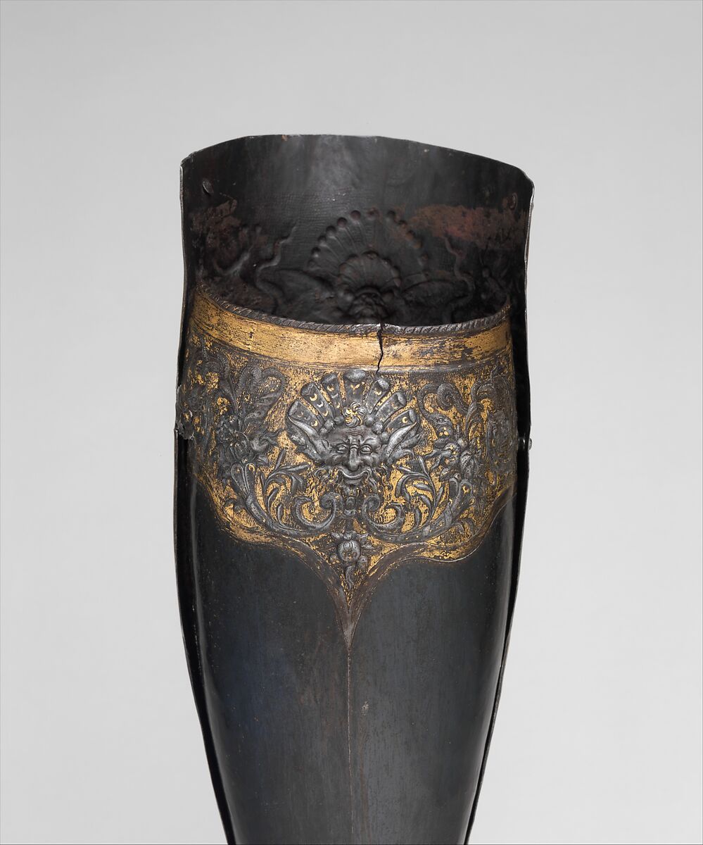 Armor of Henry II, King of France (reigned 1547–59), Part of the decoration design by Jean Cousin the Elder (French, Souci (?) ca. 1490–ca. 1560 Paris (?)), Steel, gold, silver, leather, textile, French, possibly Paris