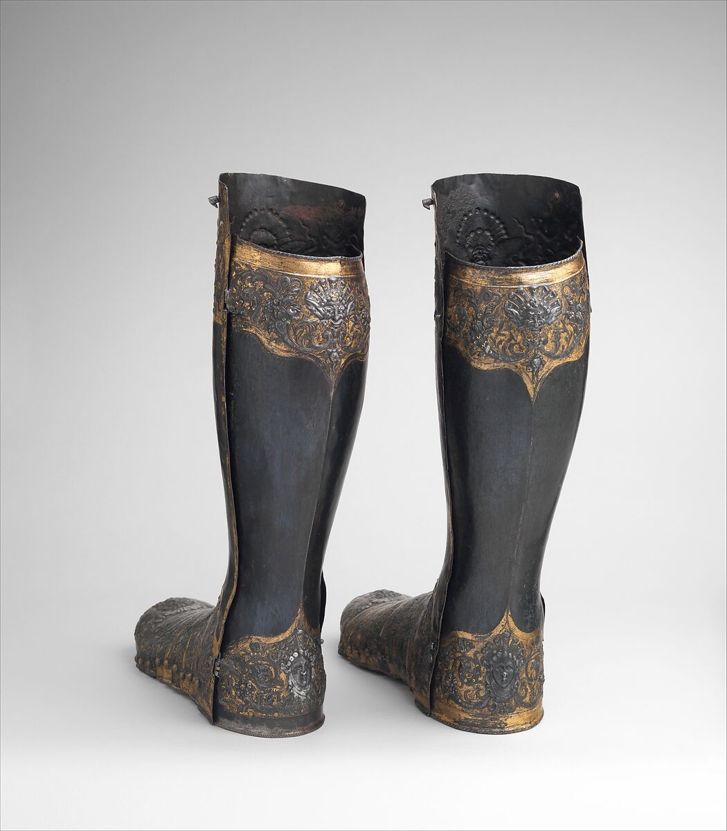 Armor of Henry II, King of France (reigned 1547–59), Part of the decoration design by Jean Cousin the Elder (French, Souci (?) ca. 1490–ca. 1560 Paris (?)), Steel, gold, silver, leather, textile, French, possibly Paris