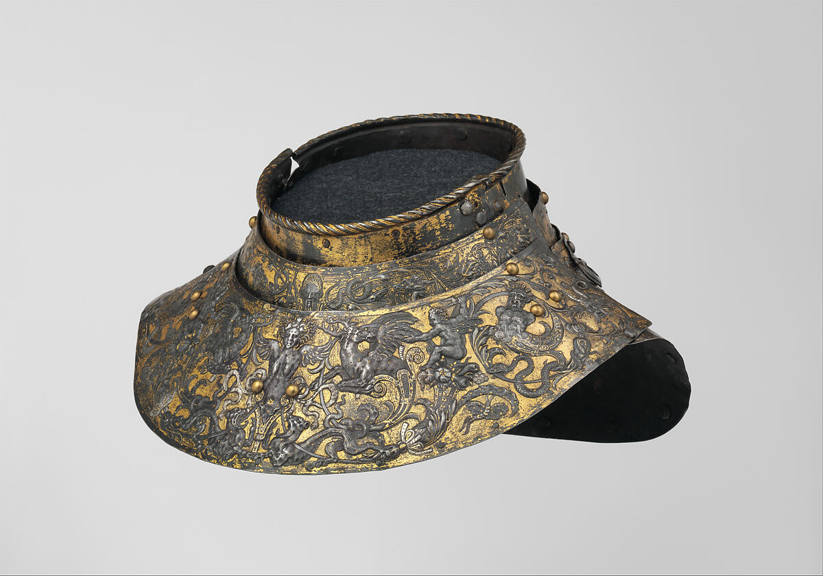 Armor of Henry II, King of France (reigned 1547–59), Part of the decoration design by Jean Cousin the Elder (French, Souci (?) ca. 1490–ca. 1560 Paris (?)), Steel, gold, silver, leather, textile, French, possibly Paris