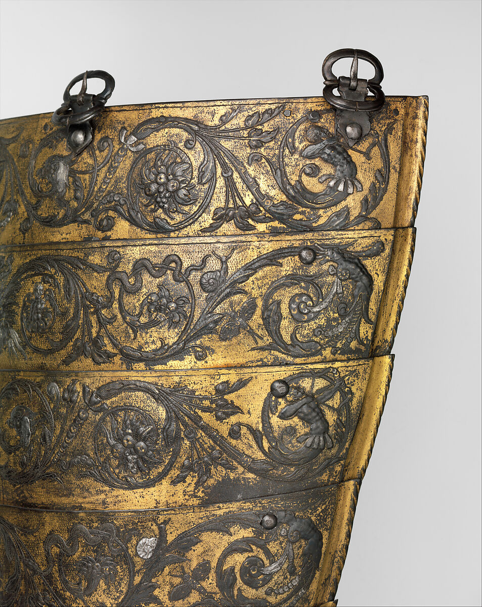 Armor of Henry II, King of France (reigned 1547–59), Part of the decoration design by Jean Cousin the Elder (French, Souci (?) ca. 1490–ca. 1560 Paris (?)), Steel, gold, silver, leather, textile, French, possibly Paris