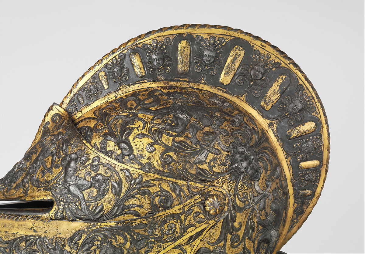 Armor of Henry II, King of France (reigned 1547–59), Part of the decoration design by Jean Cousin the Elder (French, Souci (?) ca. 1490–ca. 1560 Paris (?)), Steel, gold, silver, leather, textile, French, possibly Paris