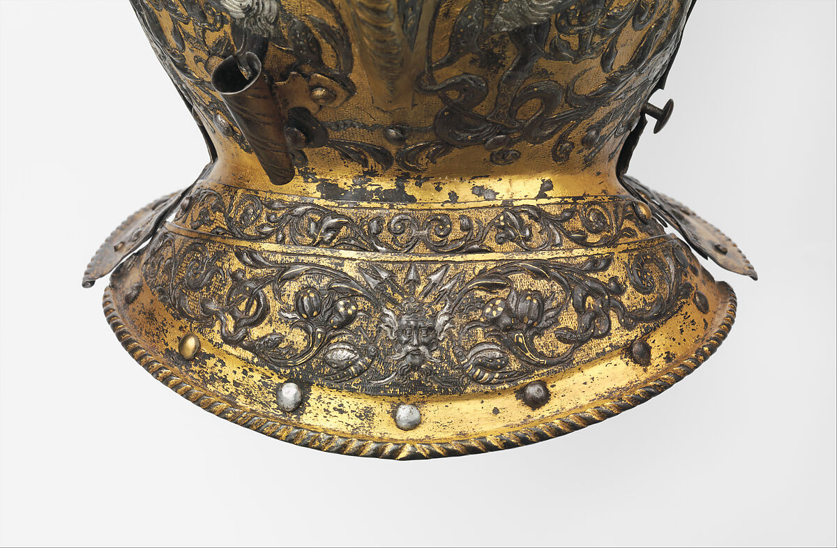 Armor of Henry II, King of France (reigned 1547–59), Part of the decoration design by Jean Cousin the Elder (French, Souci (?) ca. 1490–ca. 1560 Paris (?)), Steel, gold, silver, leather, textile, French, possibly Paris