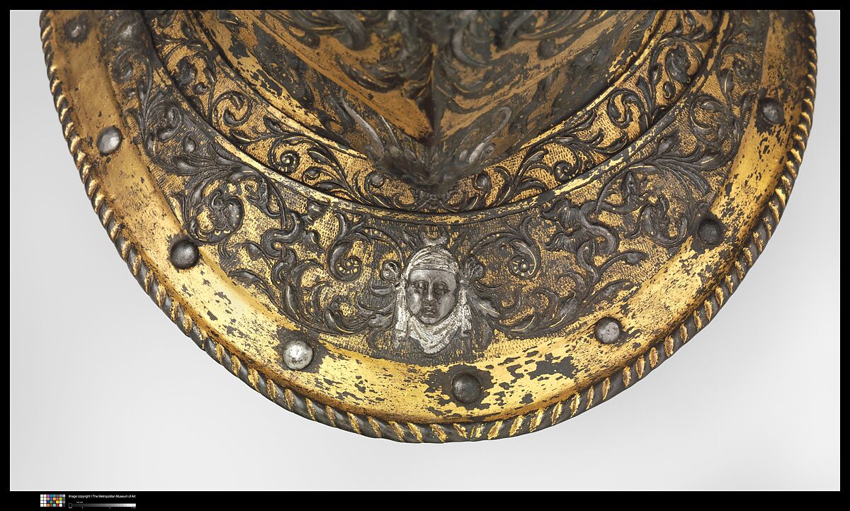 Armor of Henry II, King of France (reigned 1547–59), Part of the decoration design by Jean Cousin the Elder (French, Souci (?) ca. 1490–ca. 1560 Paris (?)), Steel, gold, silver, leather, textile, French, possibly Paris