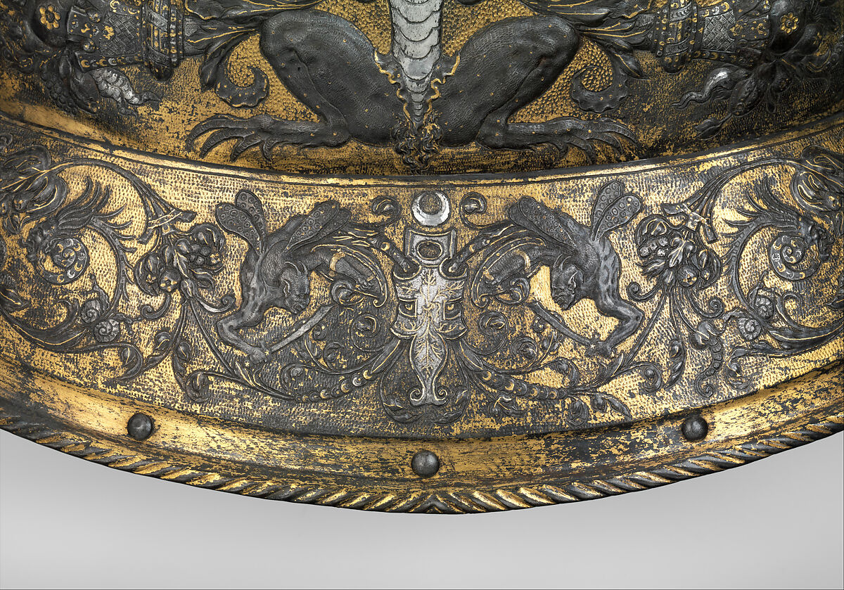 Armor of Henry II, King of France (reigned 1547–59), Part of the decoration design by Jean Cousin the Elder (French, Souci (?) ca. 1490–ca. 1560 Paris (?)), Steel, gold, silver, leather, textile, French, possibly Paris