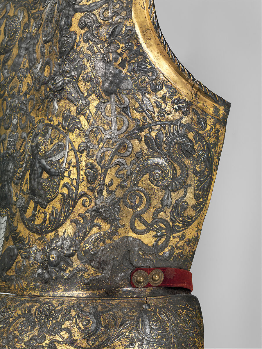 Armor of Henry II, King of France (reigned 1547–59), Part of the decoration design by Jean Cousin the Elder (French, Souci (?) ca. 1490–ca. 1560 Paris (?)), Steel, gold, silver, leather, textile, French, possibly Paris