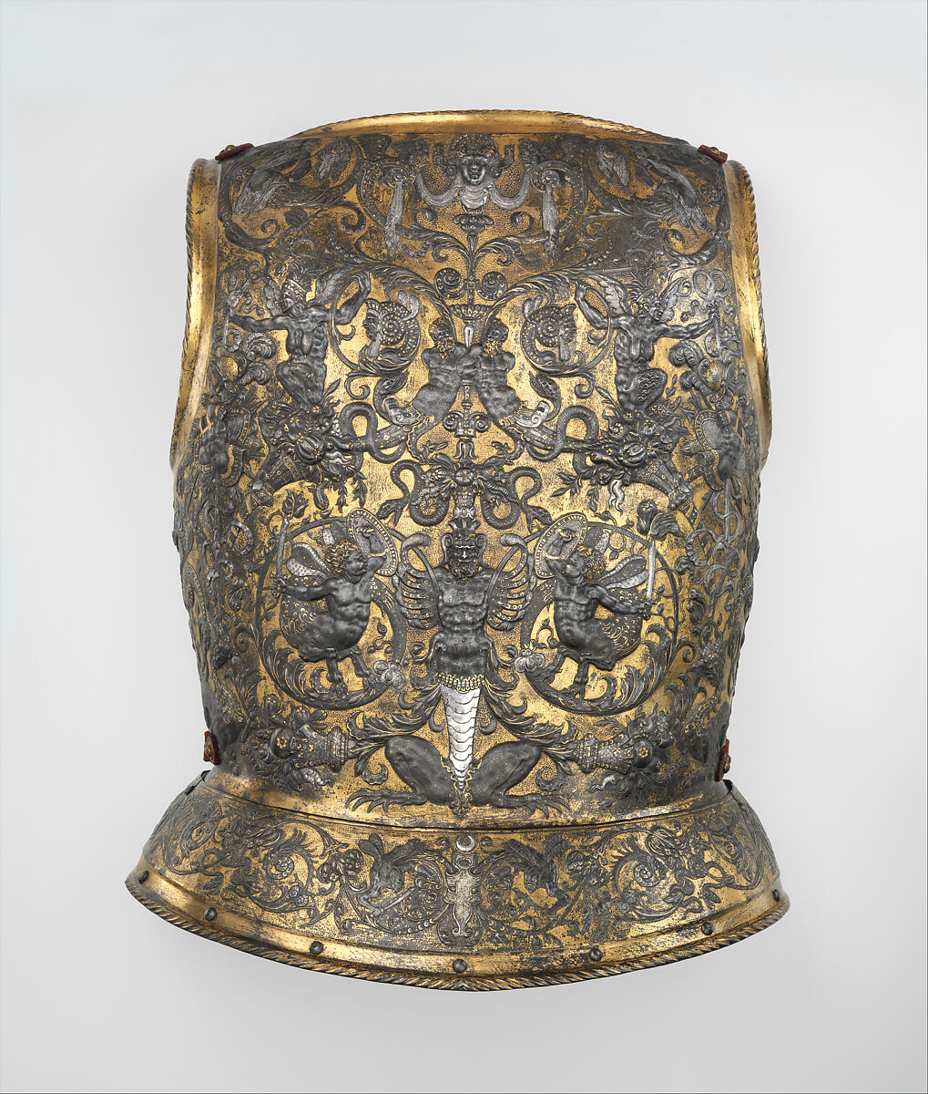 Armor of Henry II, King of France (reigned 1547–59), Part of the decoration design by Jean Cousin the Elder (French, Souci (?) ca. 1490–ca. 1560 Paris (?)), Steel, gold, silver, leather, textile, French, possibly Paris