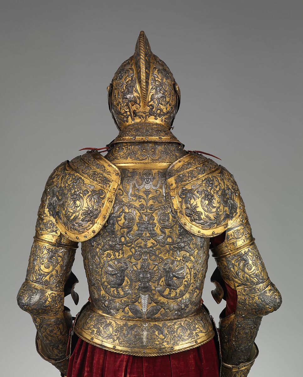 Armor of Henry II, King of France (reigned 1547–59), Part of the decoration design by Jean Cousin the Elder (French, Souci (?) ca. 1490–ca. 1560 Paris (?)), Steel, gold, silver, leather, textile, French, possibly Paris