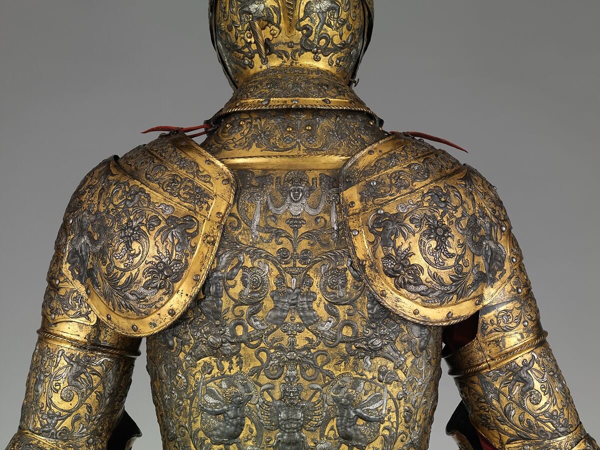 Armor of Henry II, King of France (reigned 1547–59), Part of the decoration design by Jean Cousin the Elder (French, Souci (?) ca. 1490–ca. 1560 Paris (?)), Steel, gold, silver, leather, textile, French, possibly Paris