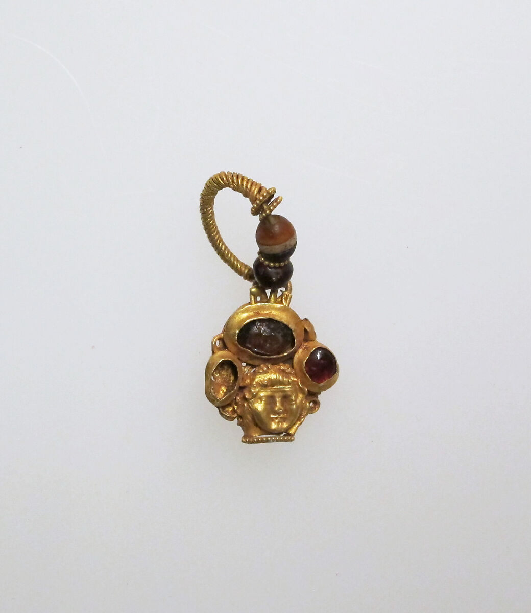 Earring with human face, Gold, garnet, Roman 