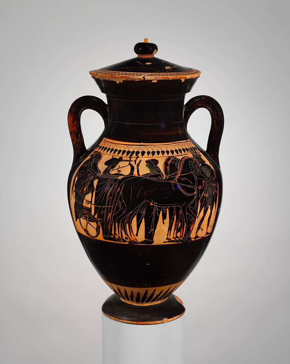 Terracotta amphora (jar) with lid, Terracotta, Greek, Attic 