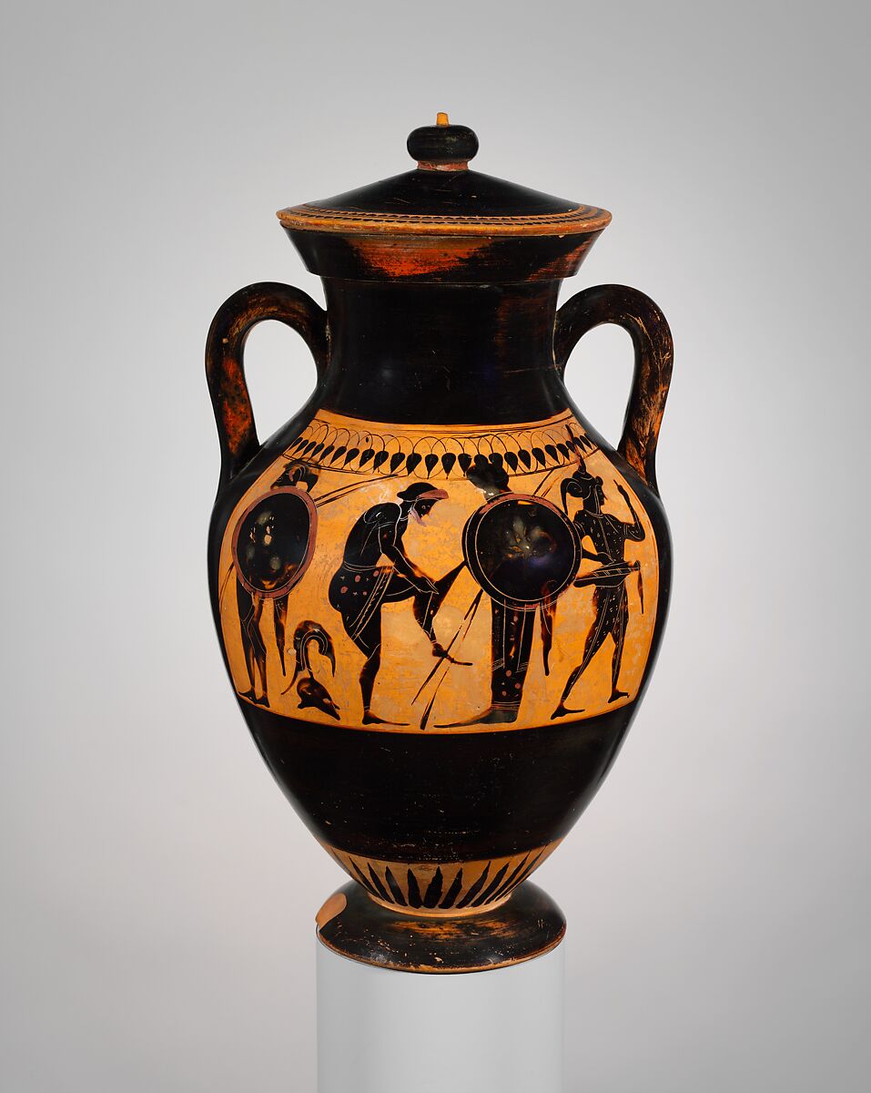 Terracotta amphora (jar) with lid, Terracotta, Greek, Attic