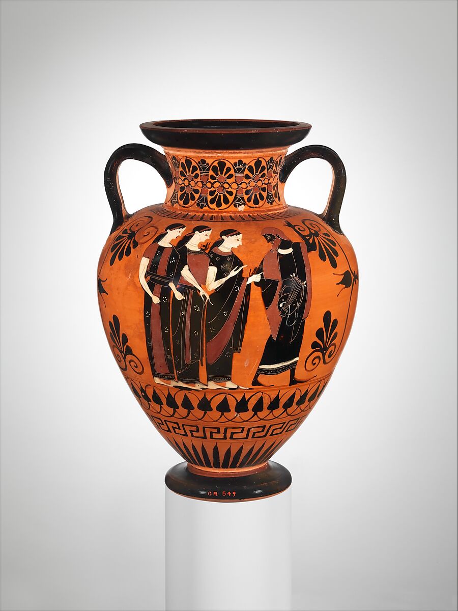 Terracotta neck-amphora (jar), Attributed to the Swing Painter, Terracotta, Greek, Attic 