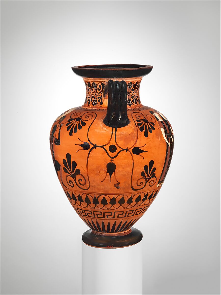 Terracotta neck-amphora (jar), Attributed to the Swing Painter, Terracotta, Greek, Attic