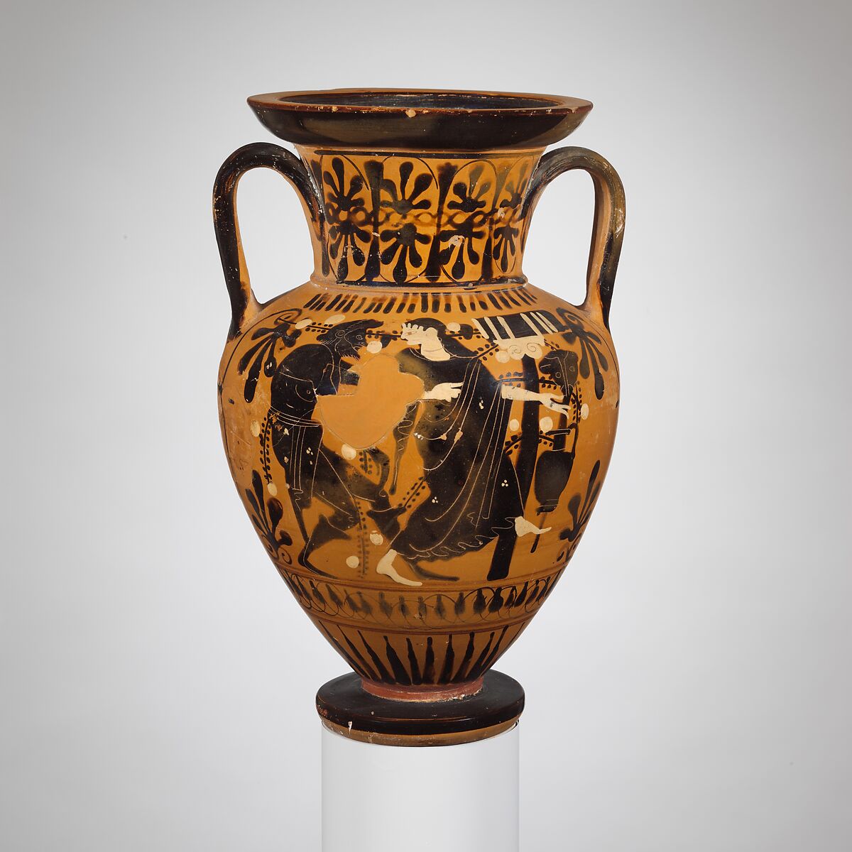 Terracotta neck-amphora, Attributed to the Red-Line Painter, Terracotta, Greek, Attic 