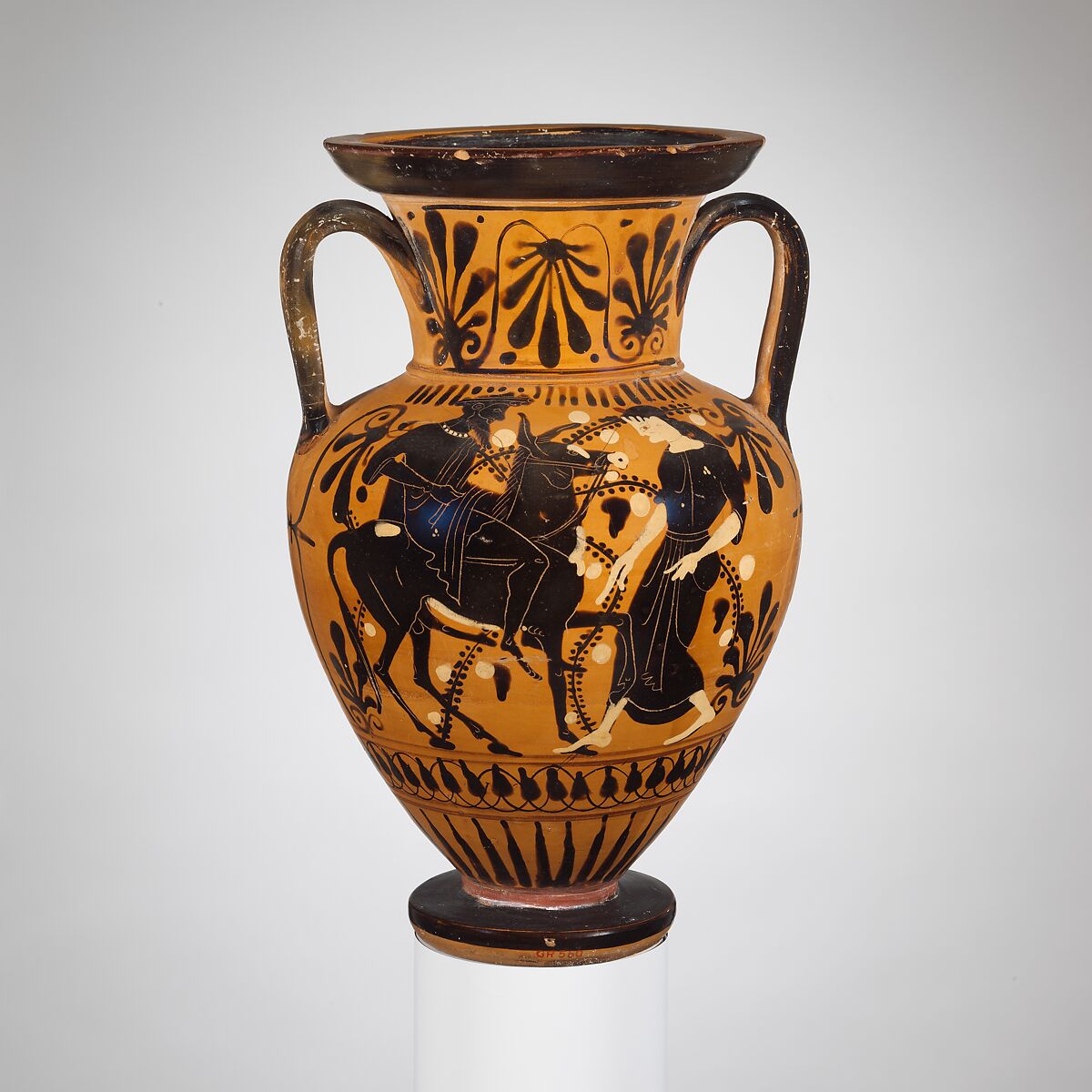 Terracotta neck-amphora, Attributed to the Red-Line Painter, Terracotta, Greek, Attic