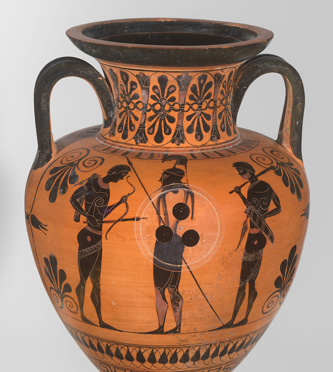 Terracotta neck-amphora (jar), Attributed to an artist near Exekias, Terracotta, Greek, Attic
