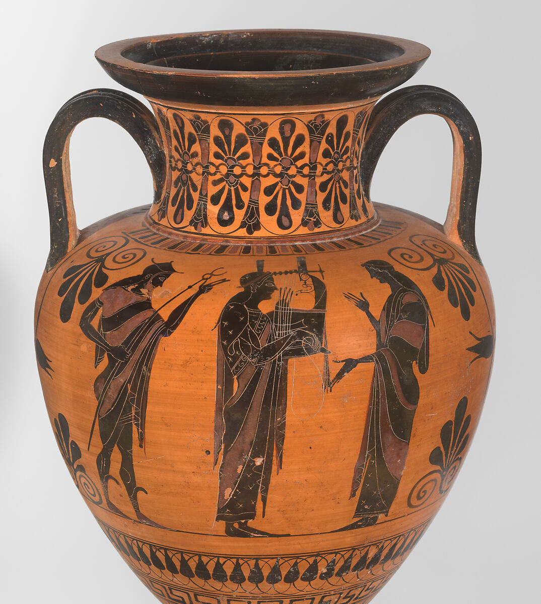 Terracotta neck-amphora (jar), Attributed to an artist near Exekias, Terracotta, Greek, Attic