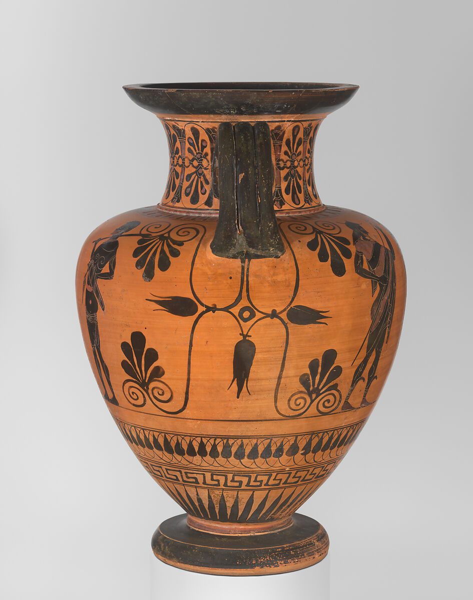 Terracotta neck-amphora (jar), Attributed to an artist near Exekias, Terracotta, Greek, Attic