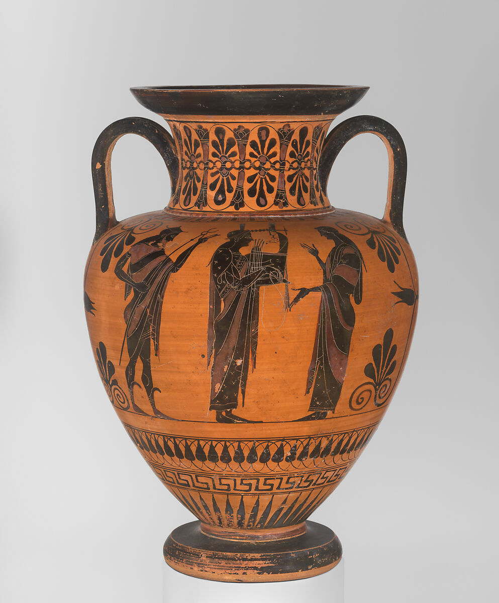 Terracotta neck-amphora (jar), Attributed to an artist near Exekias, Terracotta, Greek, Attic