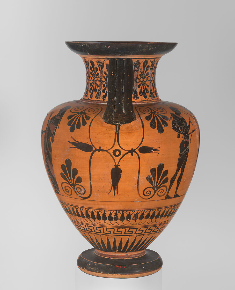 Terracotta neck-amphora (jar), Attributed to an artist near Exekias, Terracotta, Greek, Attic