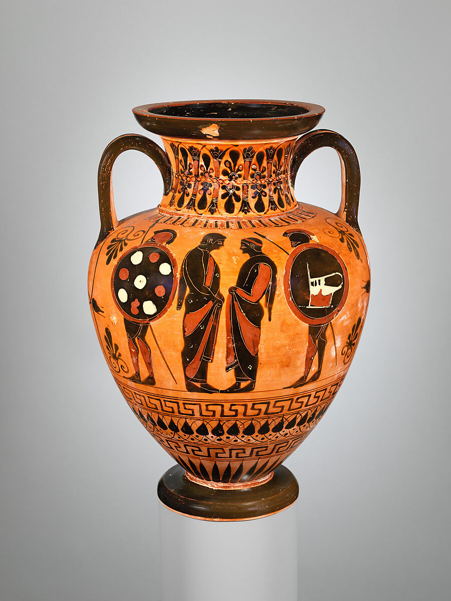 Terracotta neck-amphora (jar), Attributed to the Painter of Munich 1410, Terracotta, Greek, Attic