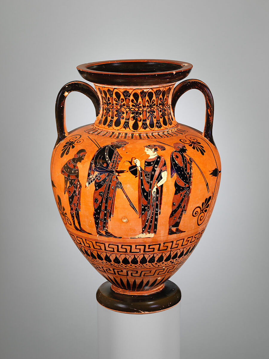 Terracotta neck-amphora (jar), Attributed to the Painter of Munich 1410, Terracotta, Greek, Attic 