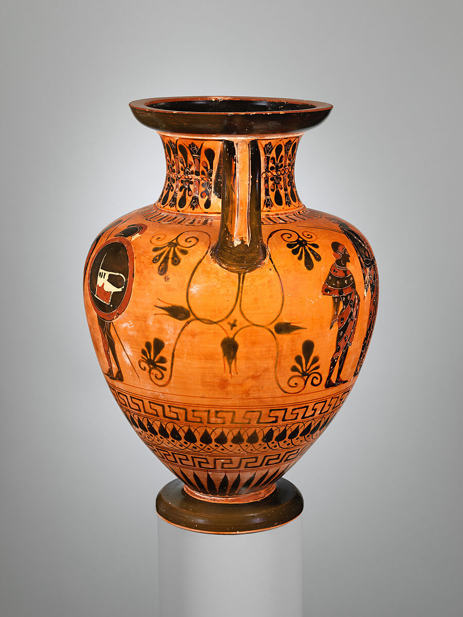 Terracotta neck-amphora (jar), Attributed to the Painter of Munich 1410, Terracotta, Greek, Attic