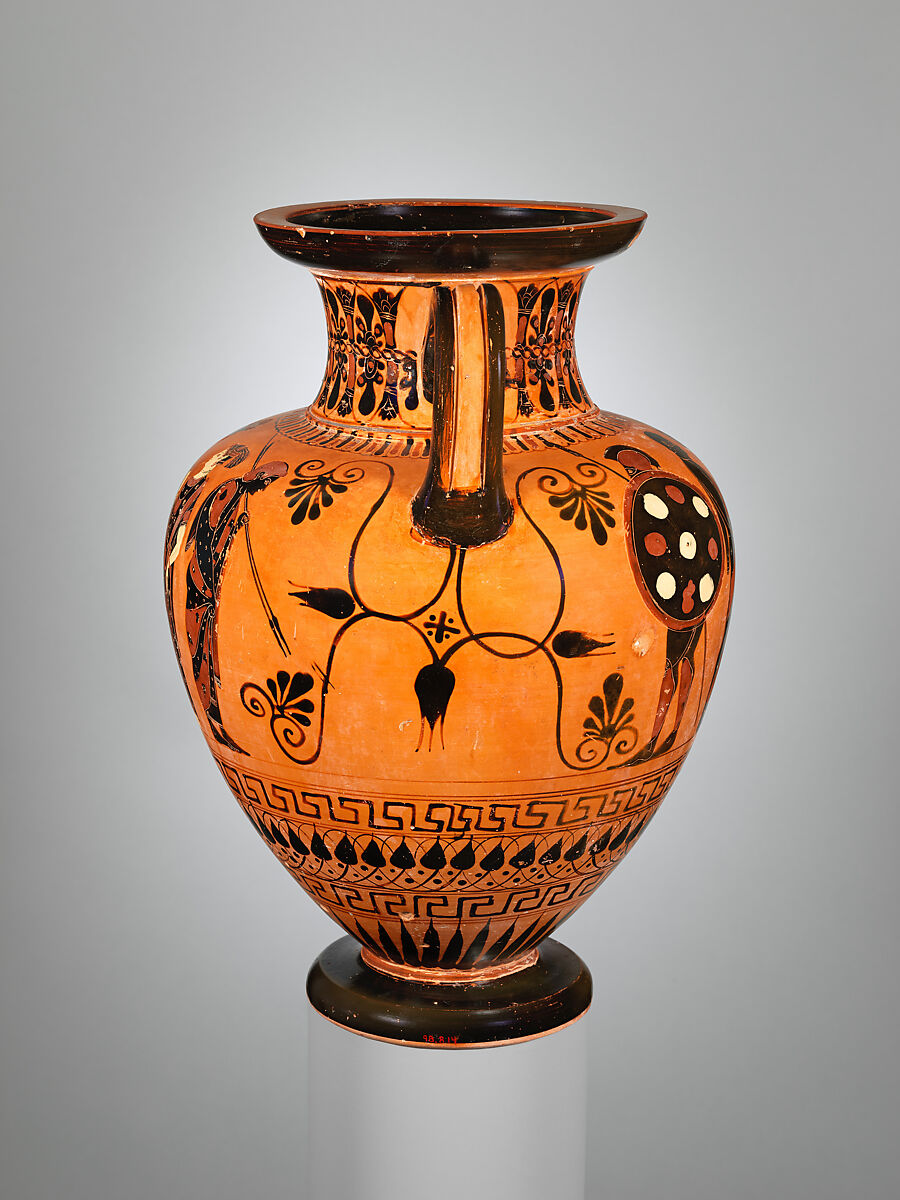 Terracotta neck-amphora (jar), Attributed to the Painter of Munich 1410, Terracotta, Greek, Attic