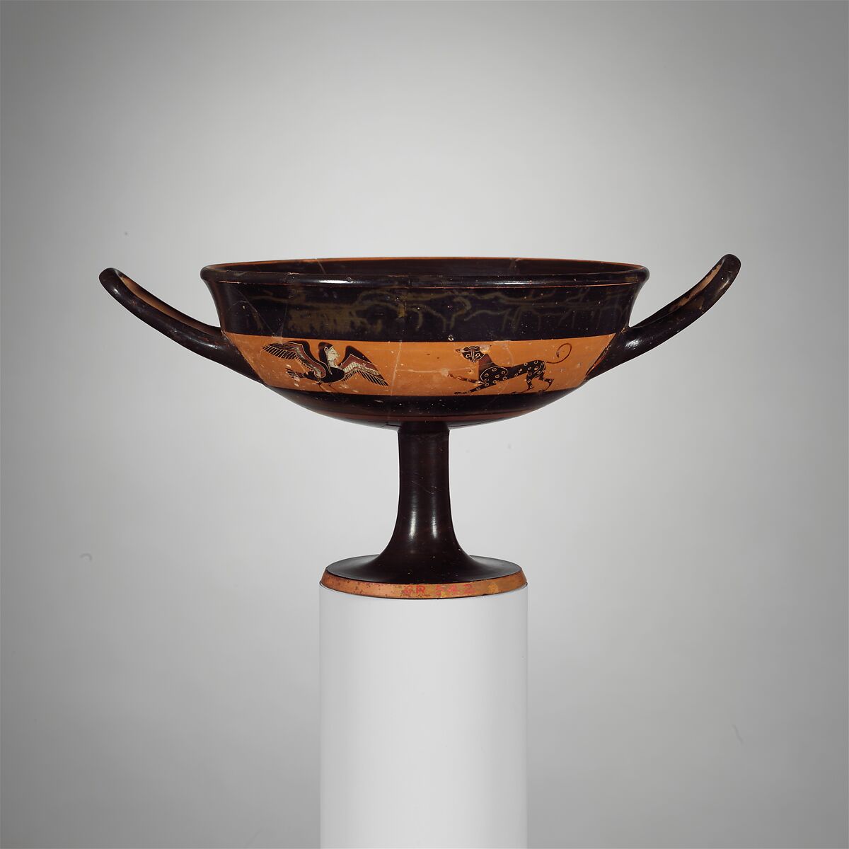 Terracotta kylix: band-cup (drinking cup), Attributed to the Tleson Painter, Terracotta, Greek, Attic 