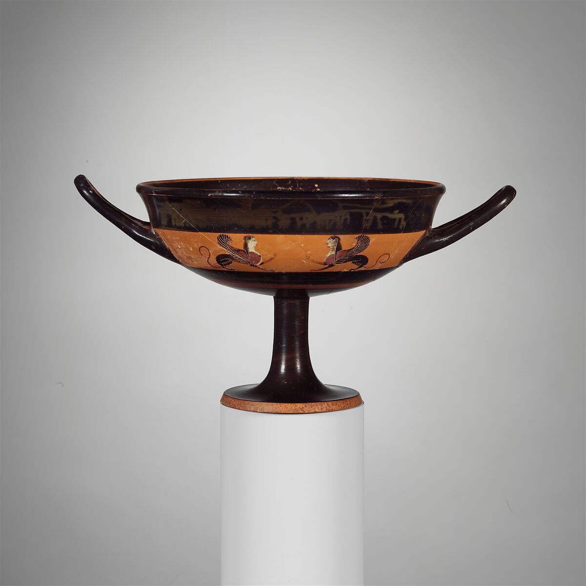 Terracotta kylix: band-cup (drinking cup), Attributed to the Tleson Painter, Terracotta, Greek, Attic