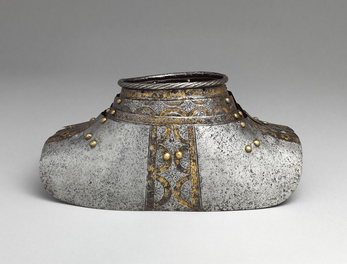 Gorget possibly from an Armor of Philip II, King of Spain, Steel, gold, leather, copper alloy, German