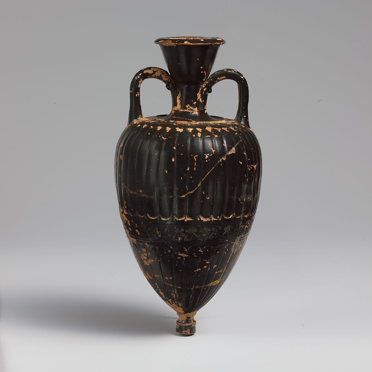 Terracotta amphoriskos (oil flask), Terracotta, Greek, Attic 