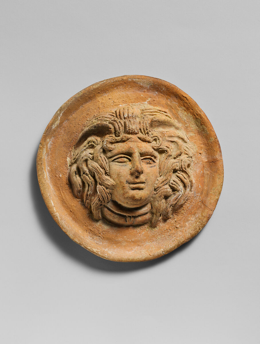 Terracotta reilef roundel with head of Medusa, Terracotta, Greek 