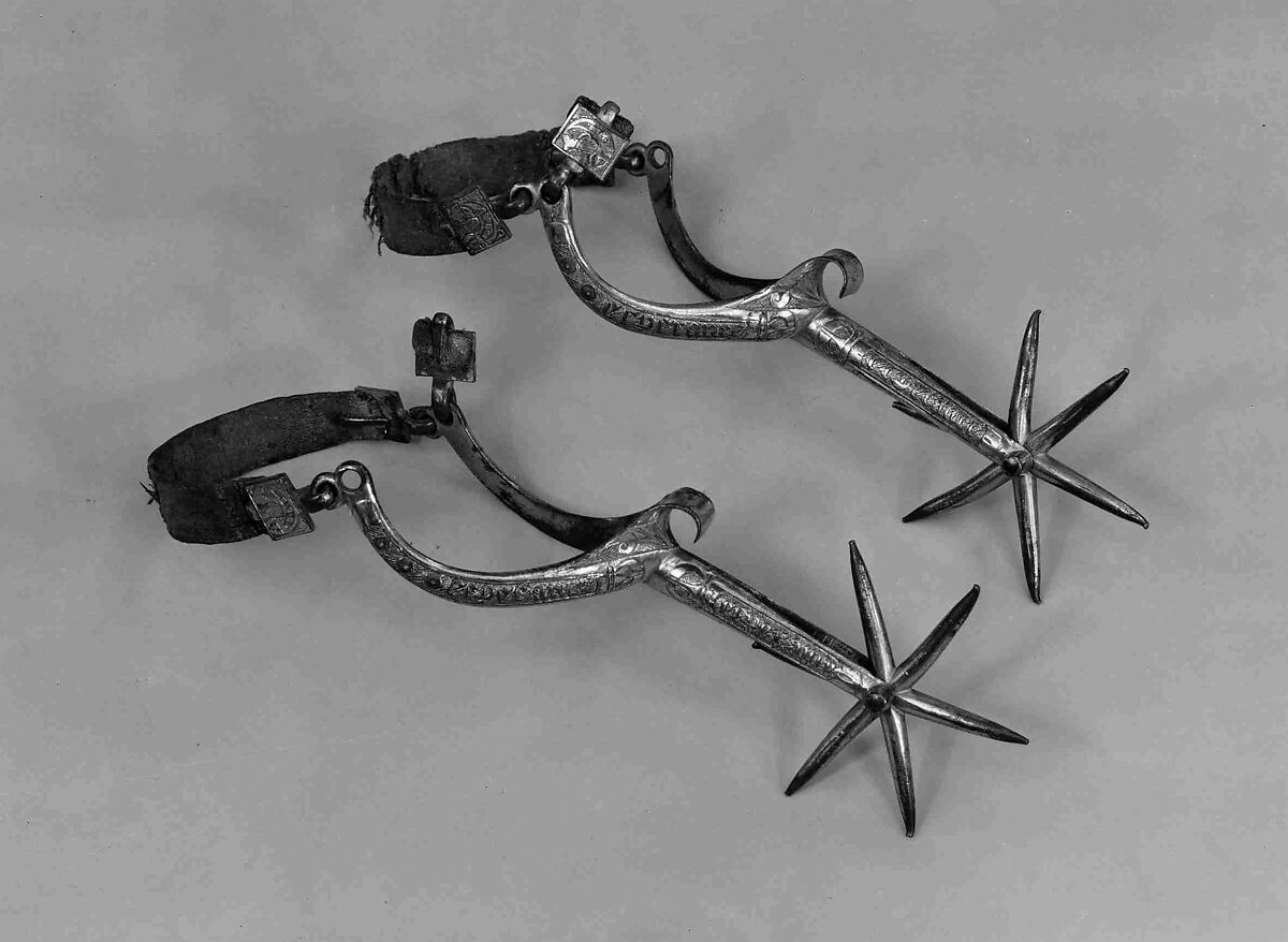 Pair of Rowel Spurs, Copper alloy, gold, textile, French 