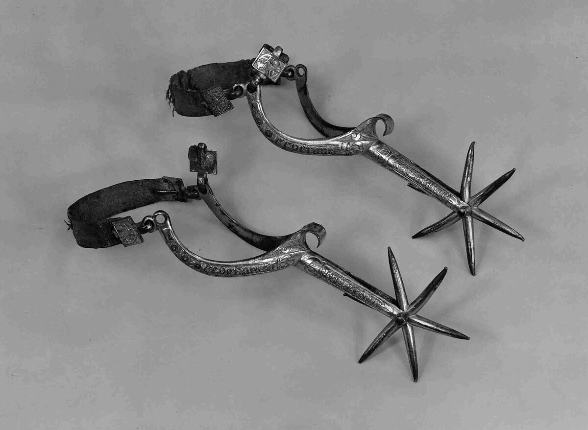 Pair of Rowel Spurs, Copper alloy, gold, textile, French