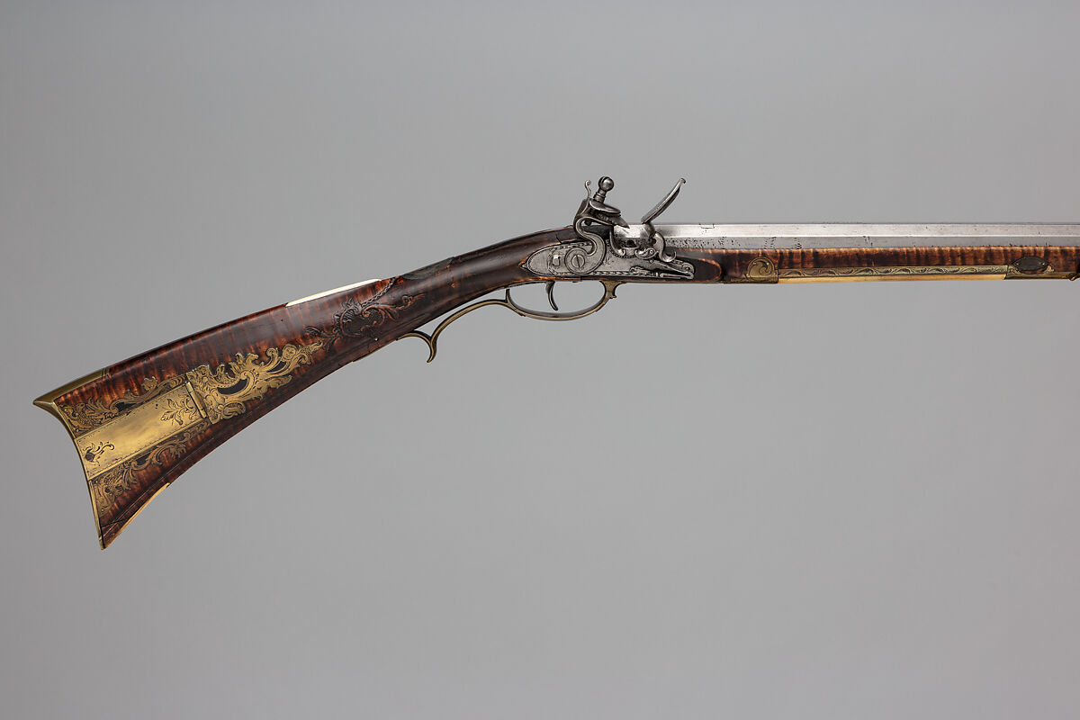 Flintlock Longrifle, Jacob Kuntz (American, Allentown, Pennsylvania 1780–1876 Philadelphia, Pennsylvania), Wood (maple), steel, iron, brass, silver, bone, horn, American, Philadelphia 