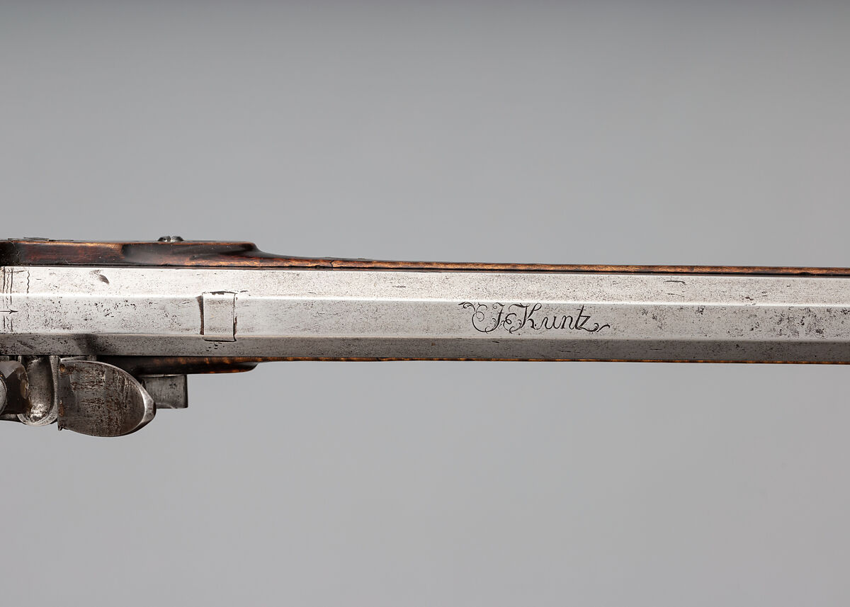 Flintlock Longrifle, Jacob Kuntz (American, Allentown, Pennsylvania 1780–1876 Philadelphia, Pennsylvania), Wood (maple), steel, iron, brass, silver, bone, horn, American, Philadelphia