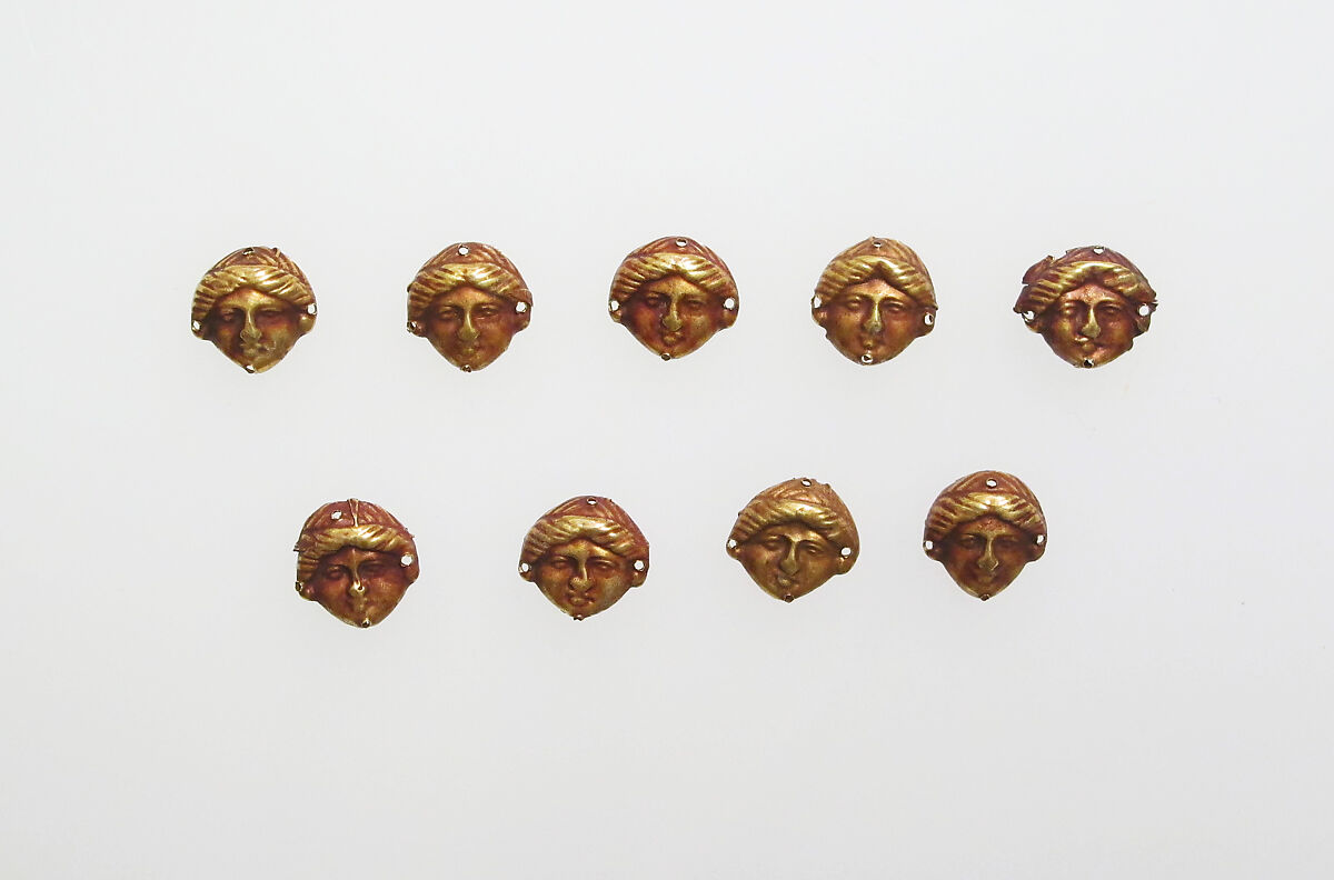 Bead ornaments in the form of female head, Electrum, Greek 
