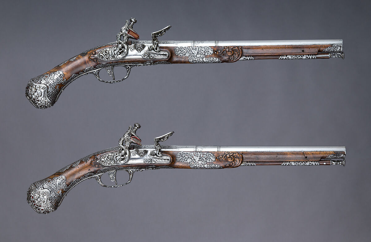Pair of Flintlock Pistols, Giovan Battista Francino (Italian, Brescia, active second half of 17th century), Steel, wood (walnut), wool, Italian, Brescia 