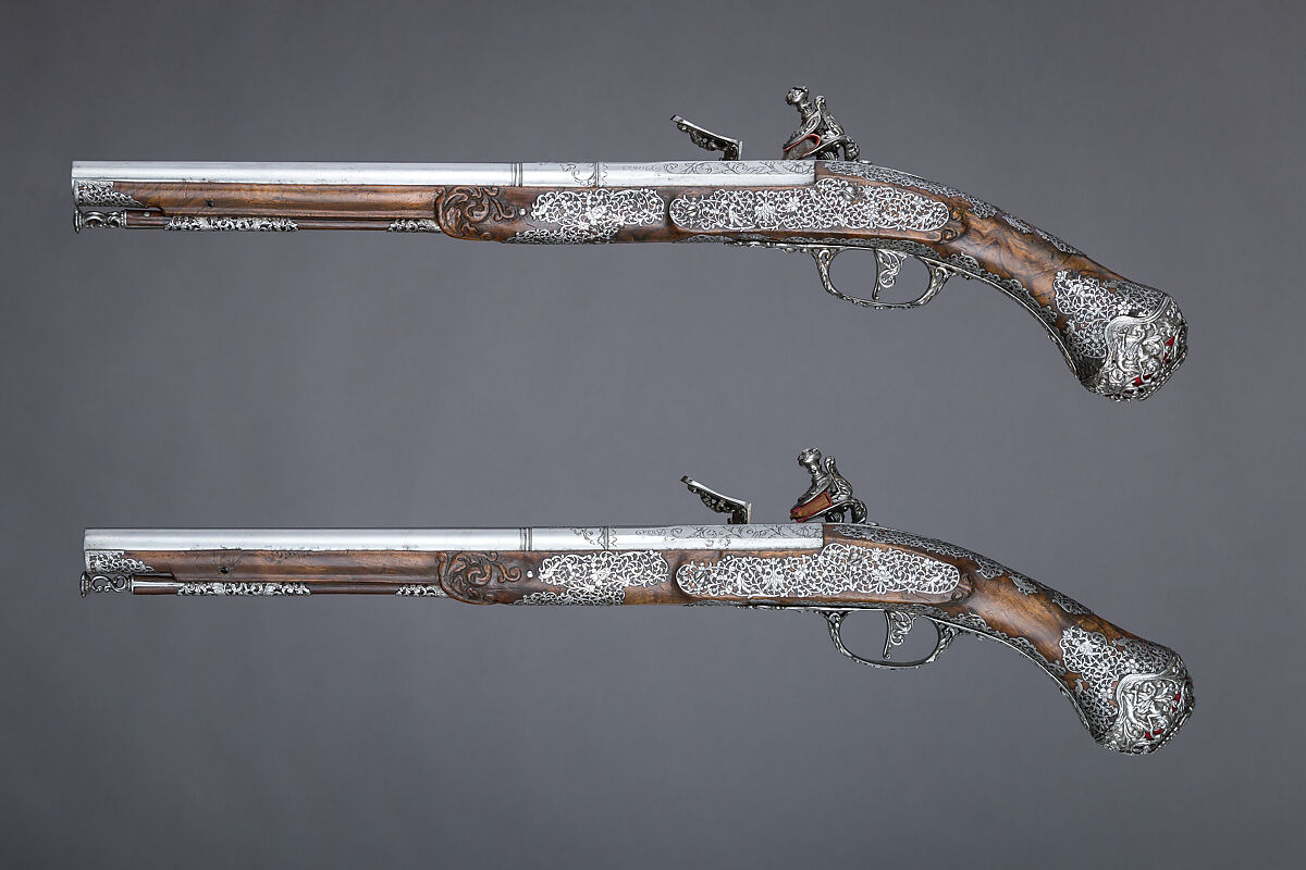 Pair of Flintlock Pistols, Giovan Battista Francino (Italian, Brescia, active second half of 17th century), Steel, wood (walnut), wool, Italian, Brescia