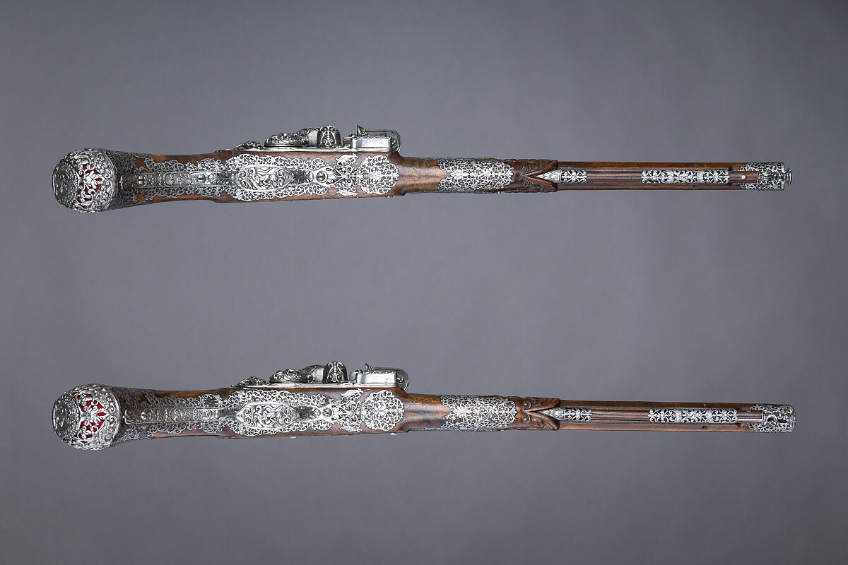 Pair of Flintlock Pistols, Giovan Battista Francino (Italian, Brescia, active second half of 17th century), Steel, wood (walnut), wool, Italian, Brescia