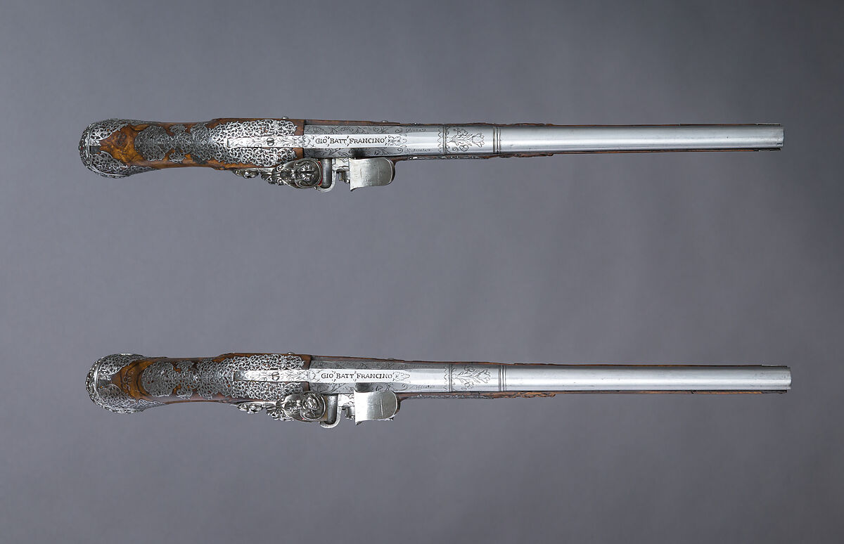 Pair of Flintlock Pistols, Giovan Battista Francino (Italian, Brescia, active second half of 17th century), Steel, wood (walnut), wool, Italian, Brescia