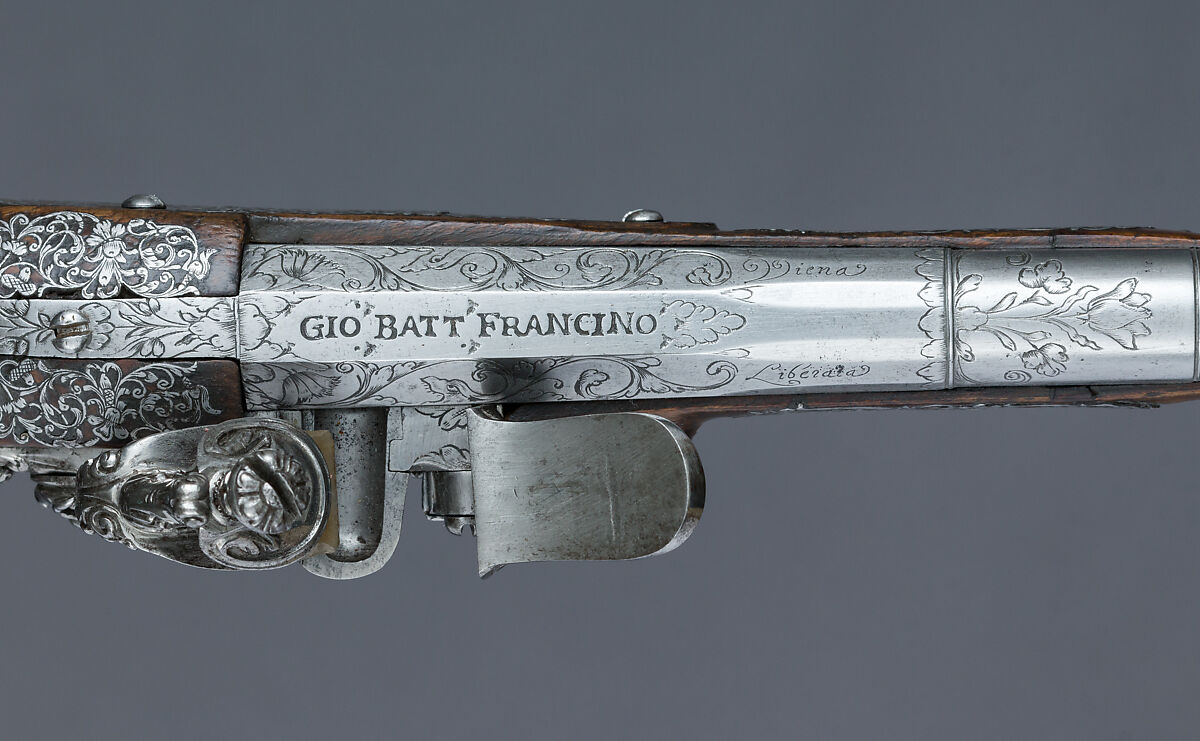 Pair of Flintlock Pistols, Giovan Battista Francino (Italian, Brescia, active second half of 17th century), Steel, wood (walnut), wool, Italian, Brescia